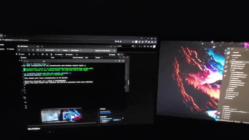 Two monitors on a desk. Work continues on the left display while the right one, left idle, blacks out under a full-screen overlay on its own timer.